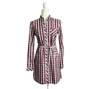 Fred Perry Maroon & white shirt dress belted waist modette English preppy size
